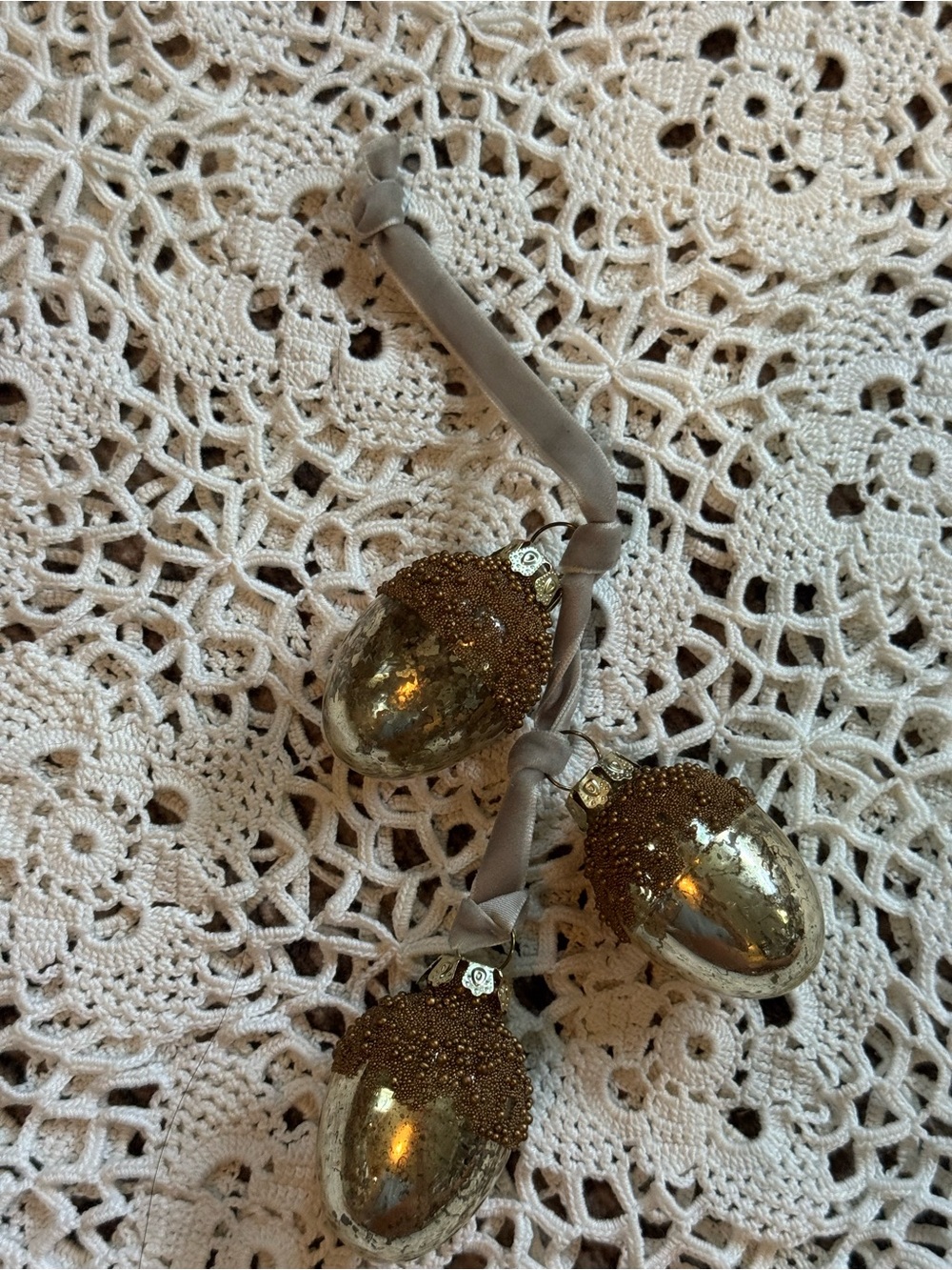 Vintage Gold Acorn Ornament Trio with Neutral Ribbon